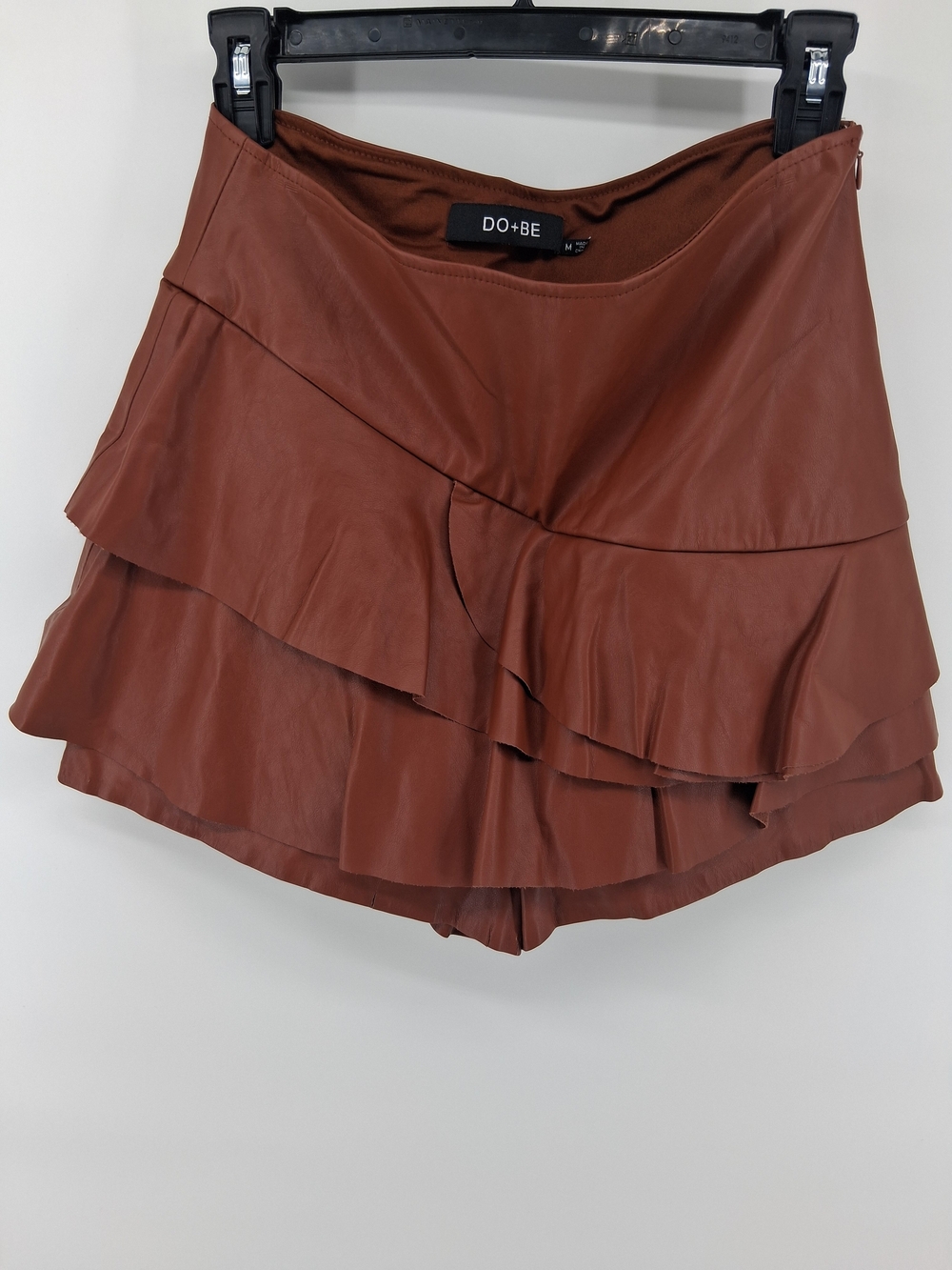 DO+BE Faux-Leather Tiered Ruffle Skort in Rust Brown